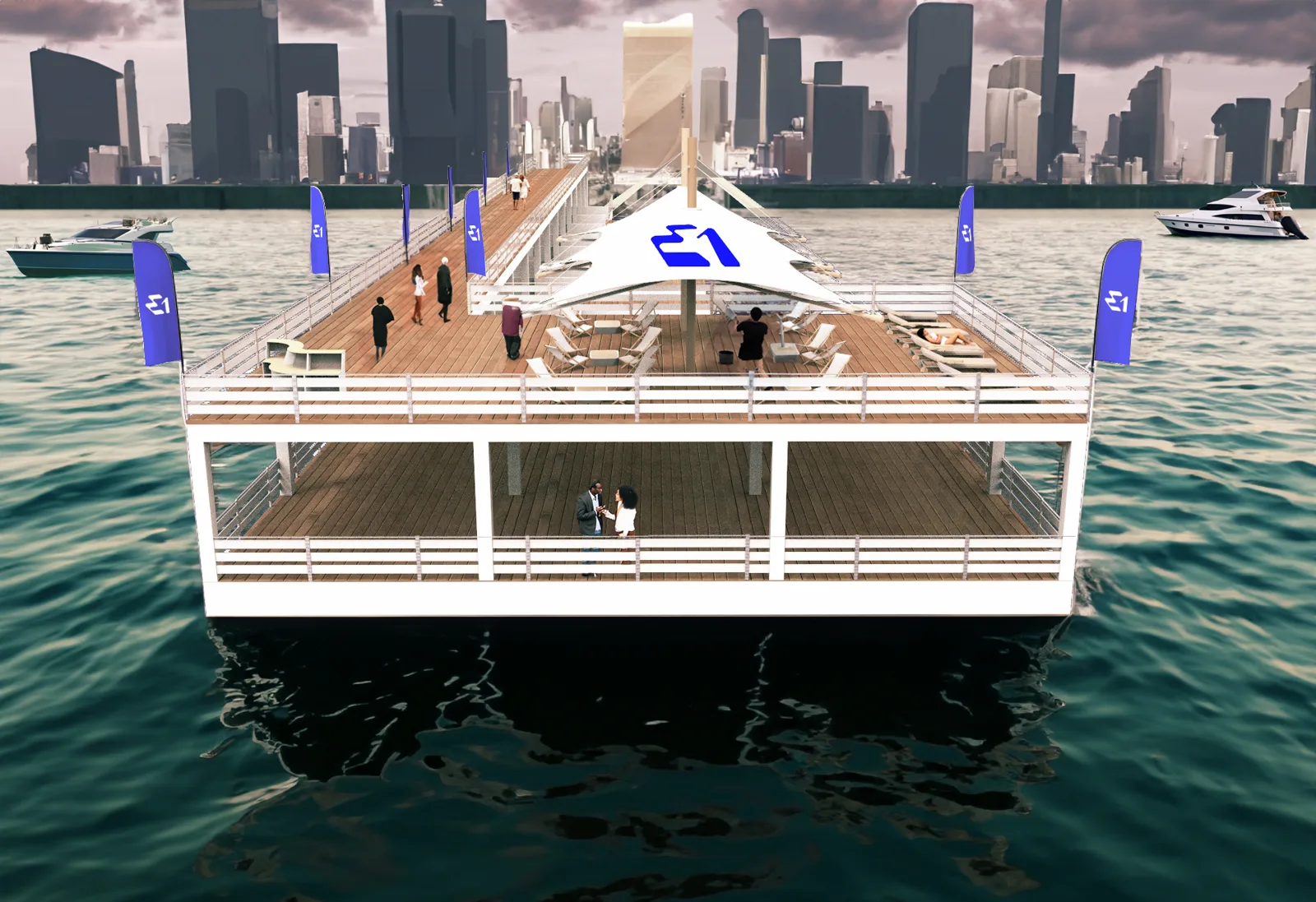 Pontile area VIP — render con skyline urbano