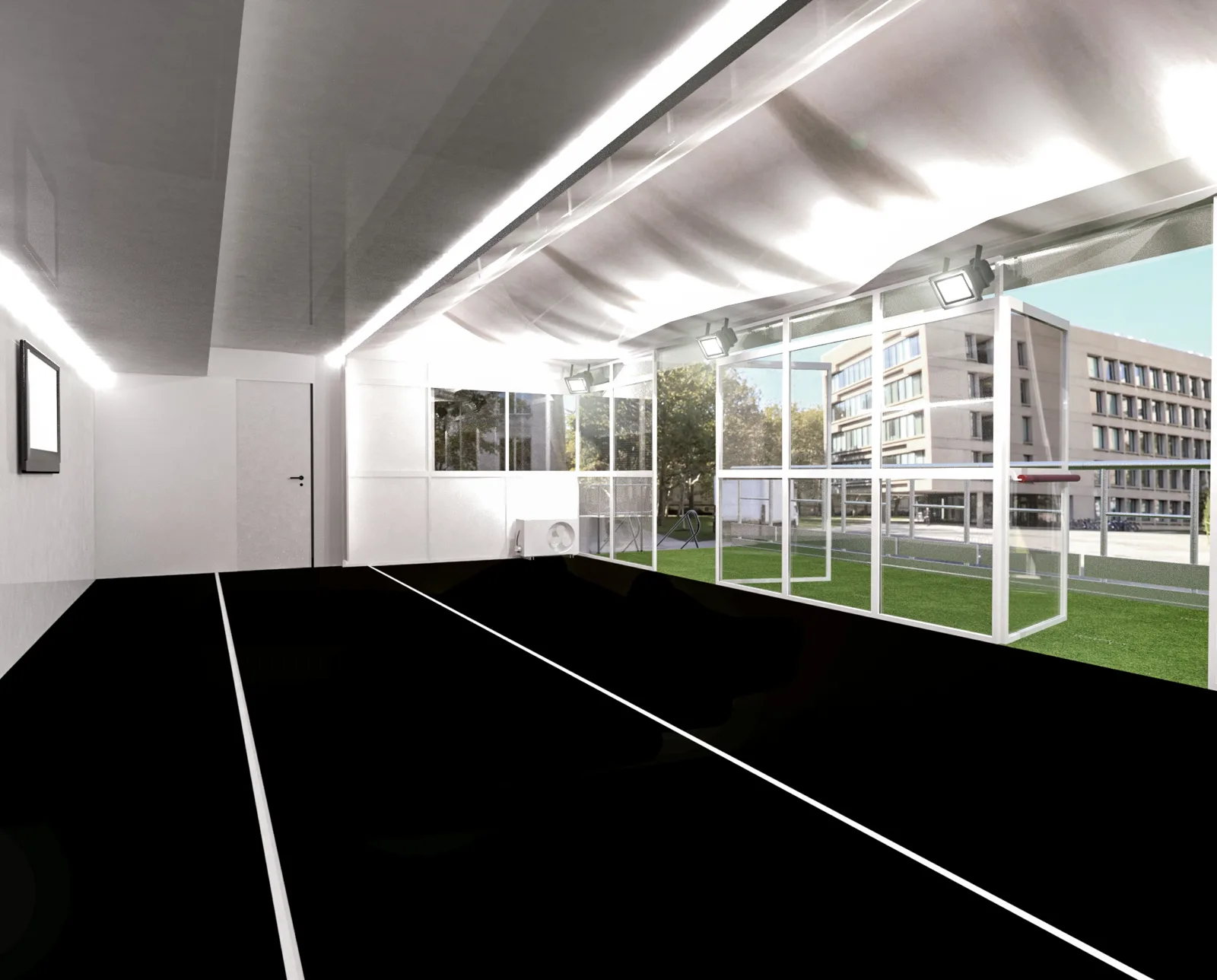Versione vetrate — render dell'allestimento con pareti vetrate